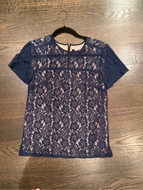 French Connection Navy Lace Overlay Short Sleeve Blouse